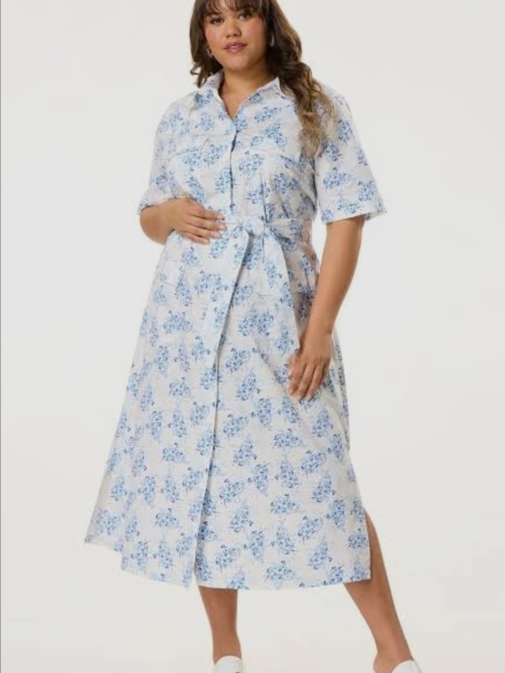 Blue Floral Tie-Waist Midi  Dress